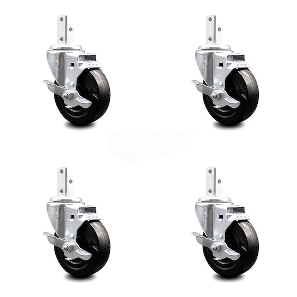 4 Inch Hard Rubber Wheel Swivel 7/8 Inch Square Stem Caster Set with Brake SCC